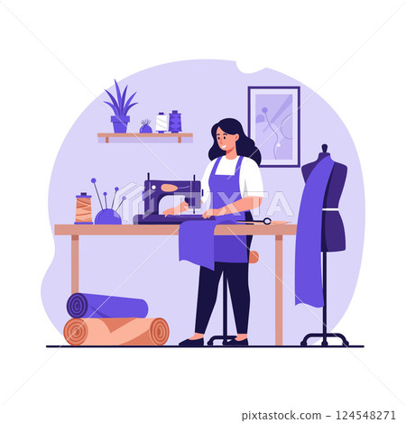 A woman sewing fabric at a crafting table in a minimal style vector illustration 124548271
