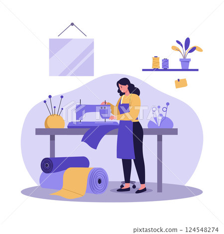 Seamstress working on a sewing machine surrounded by colorful fabrics in a minimal vector illustration Seamstress working on a sewing machine surrounded by colorful fabrics in a minimal vector illustration 124548274
