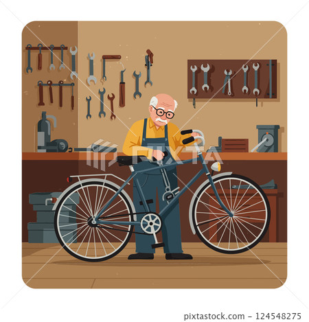 Elderly man repairing a bicycle in a cozy workshop with tools, flat vector illustration 124548275
