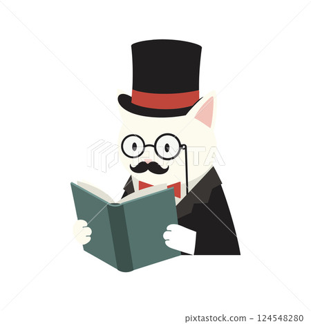 A cartoon cat wearing a top hat and glasses reading a book in a whimsical flat vector illustration A cartoon cat wearing a top hat and glasses reading a book in a whimsical flat vector illustration 124548280
