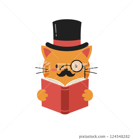 A charming orange cat wearing a top hat and monocle reading a red book in flat vector art A charming orange cat wearing a top hat and monocle reading a red book in flat vector art 124548282