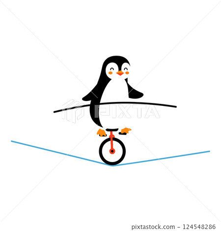 A cheerful penguin balancing on a unicycle in a playful flat vector illustration 124548286