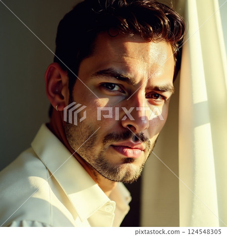 Young caucasian male in soft light by window looking thoughtful 124548305