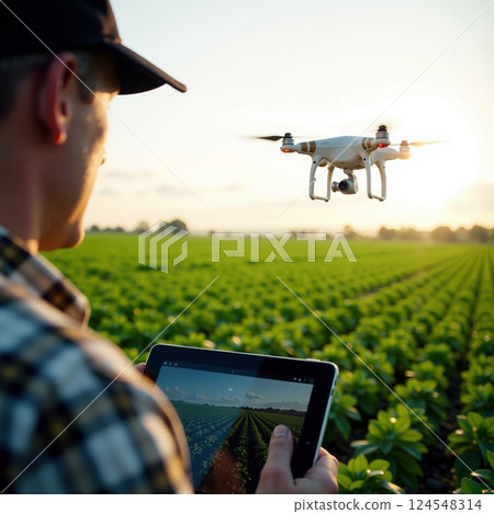 Young caucasian male operating drone in agricultural field at sunset 124548314