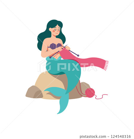 Mermaid knitting a colorful scarf on a rock in a whimsical flat vector illustration Mermaid knitting a colorful scarf on a rock in a whimsical flat vector illustration 124548316