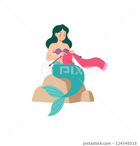 A cheerful mermaid with long hair knitting a colorful scarf on a rock in a flat vector illustration 124548318