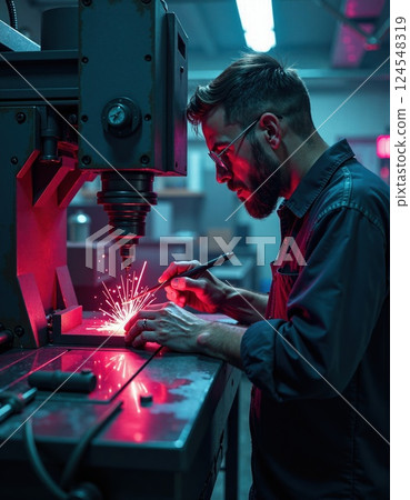 Young caucasian male operating industrial drill with precision in workshop 124548319