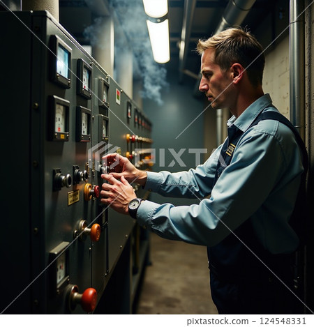 Young caucasian male technician operating control panel in industrial setting Young caucasian male technician operating control panel in industrial setting 124548331