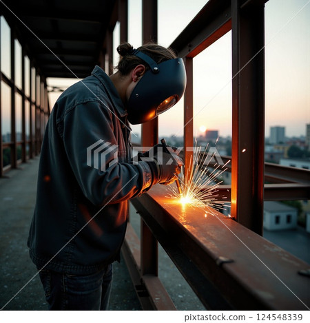Young caucasian male welding metal on rooftop with sparks flying at sunset Young caucasian male welding metal on rooftop with sparks flying at sunset 124548339