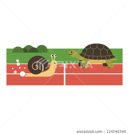 A friendly race between a cheerful snail and a determined turtle in flat vector art 124548340
