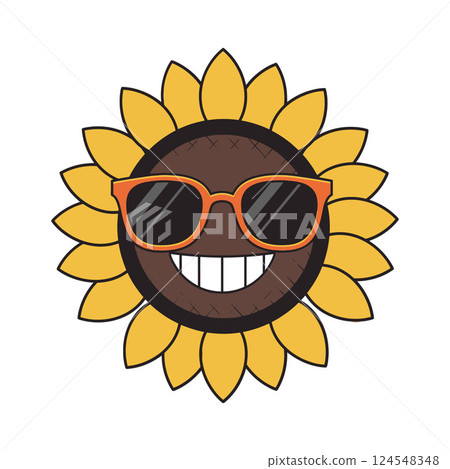 Happy sunflower wearing sunglasses in a cheerful and playful flat vector illustration 124548348