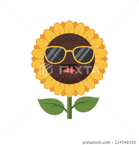 Happy sunflower character wearing sunglasses in a playful and colorful flat vector illustration 124548350