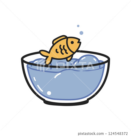 A vibrant goldfish swimming joyfully in a clear bowl with bubbles, minimal vector illustration 124548372