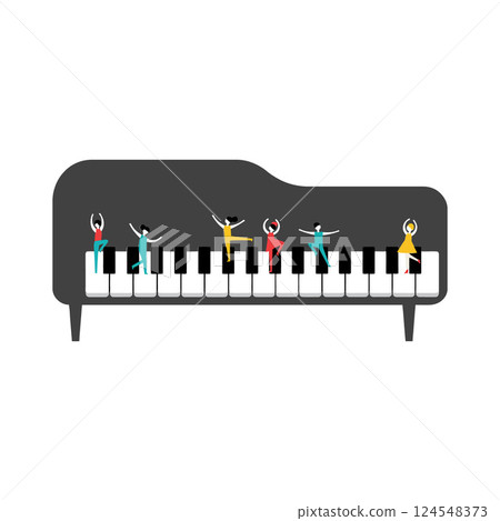 Colorful dancers joyfully performing on a grand piano in a flat vector illustration 124548373