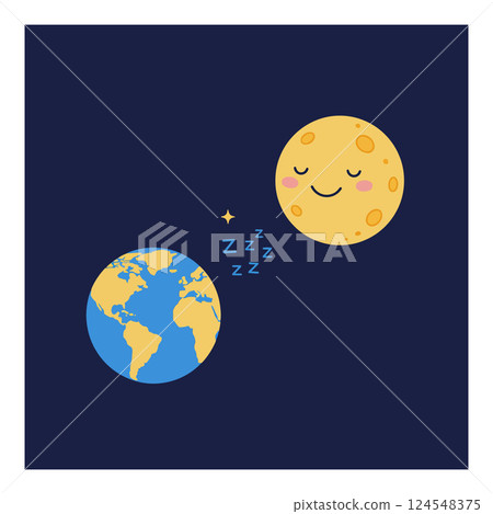 Earth and Moon with Sleepy Expressions in Flat Design Vector Art 124548375