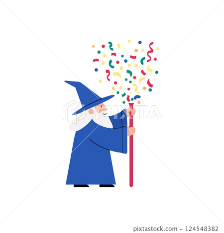 Wizard in blue robe casting colorful confetti magic in flat vector art 124548382