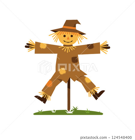 Cheerful scarecrow standing on a wooden post in a grassy field, minimal vector illustration 124548400