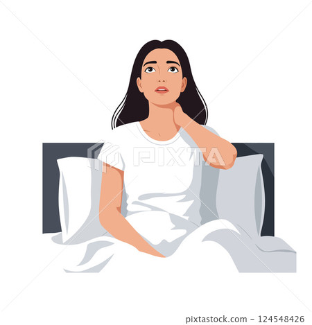 Woman sitting on a bed looking thoughtful in minimal vector illustration Woman sitting on a bed looking thoughtful in minimal vector illustration 124548426