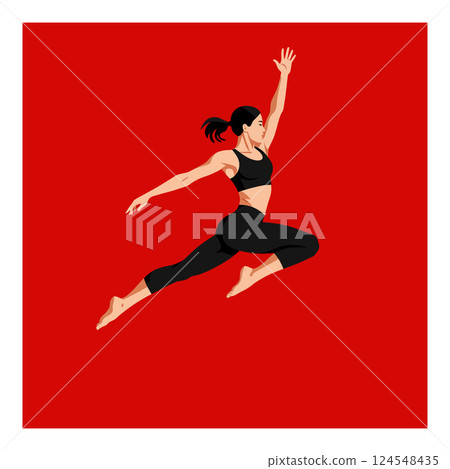 Dynamic dancer in mid-air performing a leap against a vibrant red background in flat vector art 124548435