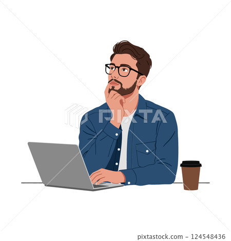 Thoughtful man in casual attire using a laptop while sipping coffee in minimal vector illustration 124548436
