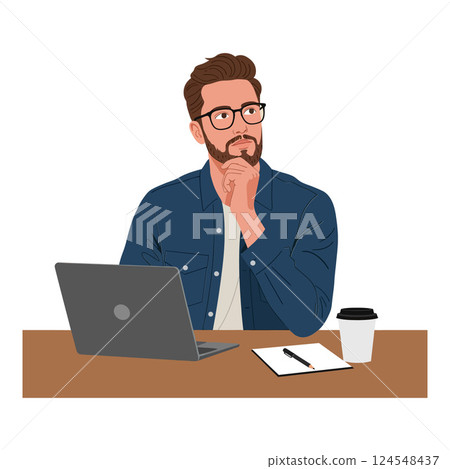 Thoughtful man with glasses at desk in casual attire, minimal vector illustration 124548437