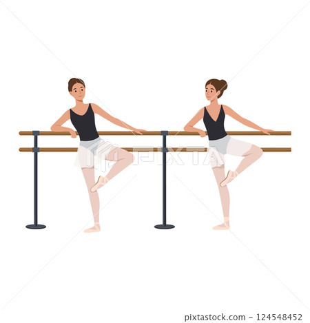 Two ballet dancers practicing at the barre in a flat vector illustration style showcasing grace and focus in a bright setting vector art 124548452