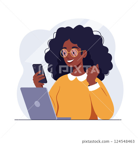 Happy woman celebrating success while using smartphone and laptop in a bright, minimal vector illustration Happy woman celebrating success while using smartphone and laptop in a bright, minimal vector illustration 124548463