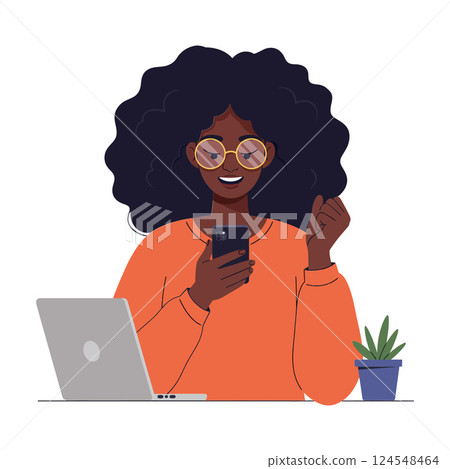 Happy woman with curly hair checking smartphone while sitting at a desk with a laptop and a plant in minimal vector illustration Happy woman with curly hair checking smartphone while sitting at a desk with a laptop and a plant in minimal vector illustration 124548464