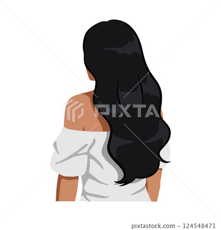 Woman with long black hair wearing an off-shoulder white top in flat vector art Woman with long black hair wearing an off-shoulder white top in flat vector art 124548471