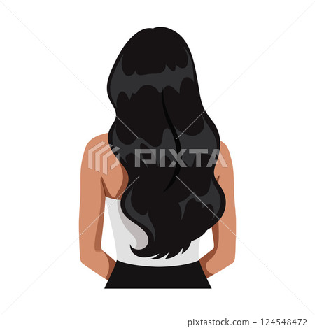 Woman with Long Black Hair Wearing a Stylish Top in Minimalist Vector Illustration 124548472