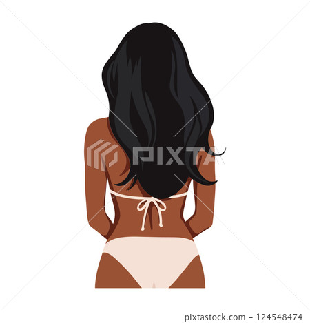 Woman with long black hair in a bikini, standing with her back to the viewer, flat vector art 124548474