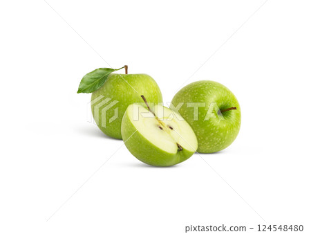 Green apple with leaf and chopped apple. Granny smith apples and a half isolated. Green apple with leaf and chopped apple. Granny smith apples and a half isolated. 124548480