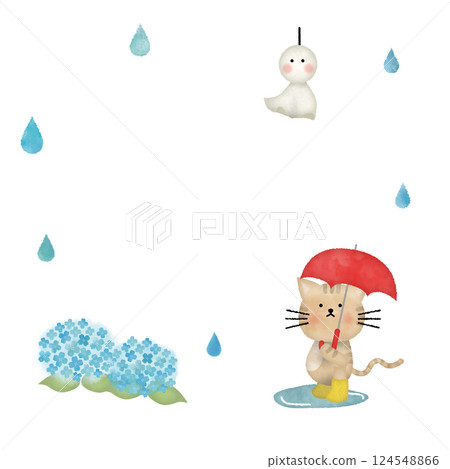 Illustration of the rainy season with a cat holding an umbrella Illustration of the rainy season with a cat holding an umbrella 124548866