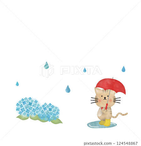 Illustration of the rainy season with a cat holding an umbrella Illustration of the rainy season with a cat holding an umbrella 124548867