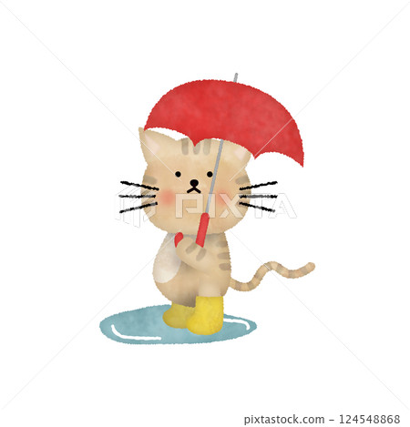 Illustration of the rainy season with a cat holding an umbrella 124548868