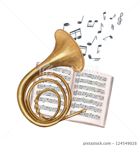 French horn on vintage music book and flying out of musical instrument watercolor illustration isolated background. Brass wind instrument for jazz posters, festival design, or educational material 124549028