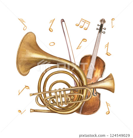 Violin with bow, trumpet, French horn and floating music notes watercolor illustration isolated background. Brass woodwind and string instruments for musical education, poster, greeting card 124549029