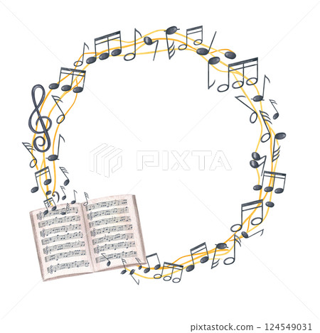 Watercolor black musical notes on yellow stave and open music notebook wreath with copy space for text. Sound symbols on graphic staff and composer book isolated background. For greeting card, label. Watercolor black musical notes on yellow stave and open music notebook wreath with copy space for text. Sound symbols on graphic staff and composer book isolated background. For greeting card, label. 124549031