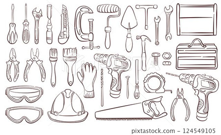 Construction tools set in line art style. Doodle design of wrench, brush, handsaw, hammer and nails. Screw, nut and bolt. Tape measure, screwdriver, goggles, saw, pliers isolated on white background. 124549105