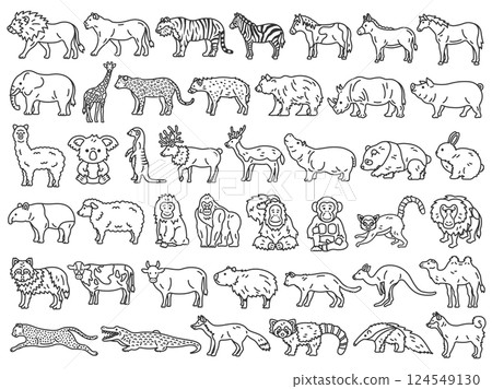 一組各種動物（線描）插圖 124549130