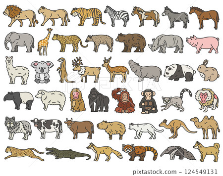 一組各種動物插圖（彩色線畫） 124549131