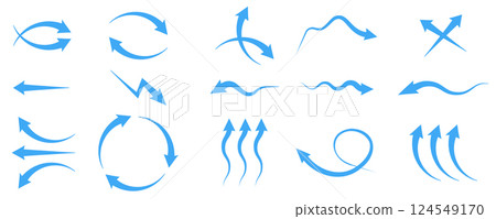 Set of blue arrow showing wind air flow isolated on white background, air direction Set of blue arrow showing wind air flow isolated on white background, air direction 124549170