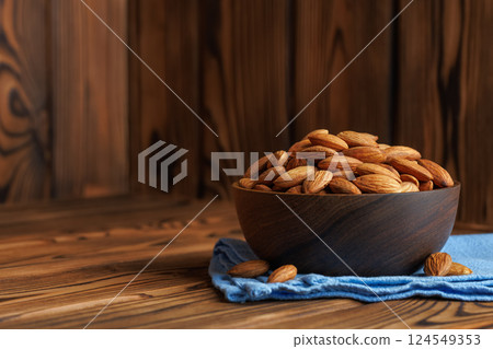 Shelled almonds spilling from bowl, resting on blue napkin atop rustic wooden table, creating cozy and inviting atmosphere perfect for healthy snacking Shelled almonds spilling from bowl, resting on blue napkin atop rustic wooden table, creating cozy and inviting atmosphere perfect for healthy snacking 124549353