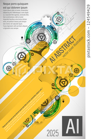 A futuristic abstract cover design showcasing artificial intelligence and technology. The artwork features a human head silhouette filled with digital circuits and geometric elements. A futuristic abstract cover design showcasing artificial intelligence and technology. The artwork features a human head silhouette filled with digital circuits and geometric elements. 124549429