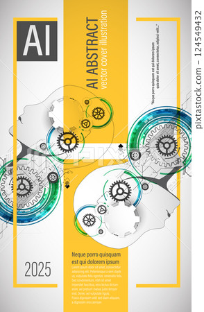 A futuristic abstract cover design showcasing artificial intelligence and technology. The artwork features a human head silhouette filled with digital circuits and geometric elements. 124549432