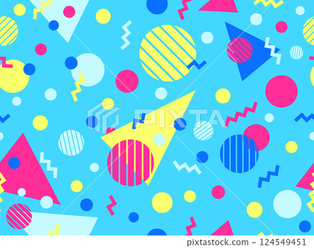 Geometric seamless pattern with memphis elements in 80s style. Colorful geometric pattern. Design of promotional products, wrapping paper and printing. Vector illustration Geometric seamless pattern with memphis elements in 80s style. Colorful geometric pattern. Design of promotional products, wrapping paper and printing. Vector illustration 124549451