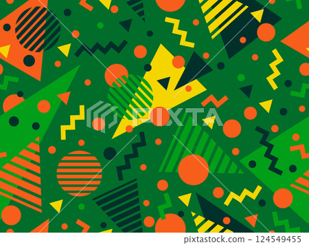 Geometric seamless pattern with memphis elements in 80s style. Colorful geometric pattern. Design of promotional products, wrapping paper and printing. Vector illustration 124549455