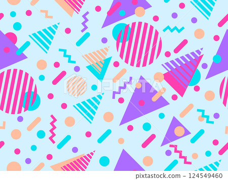 Geometric seamless pattern with memphis elements in 80s style. Colorful geometric pattern. Design of promotional products, wrapping paper and printing. Vector illustration Geometric seamless pattern with memphis elements in 80s style. Colorful geometric pattern. Design of promotional products, wrapping paper and printing. Vector illustration 124549460
