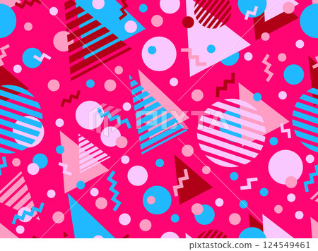 Geometric seamless pattern with memphis elements in 80s style. Colorful geometric pattern. Design of promotional products, wrapping paper and printing. Vector illustration Geometric seamless pattern with memphis elements in 80s style. Colorful geometric pattern. Design of promotional products, wrapping paper and printing. Vector illustration 124549461