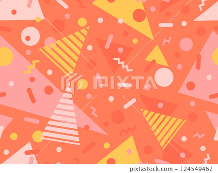 Geometric seamless pattern with memphis elements in 80s style. Colorful geometric pattern. Design of promotional products, wrapping paper and printing. Vector illustration Geometric seamless pattern with memphis elements in 80s style. Colorful geometric pattern. Design of promotional products, wrapping paper and printing. Vector illustration 124549462